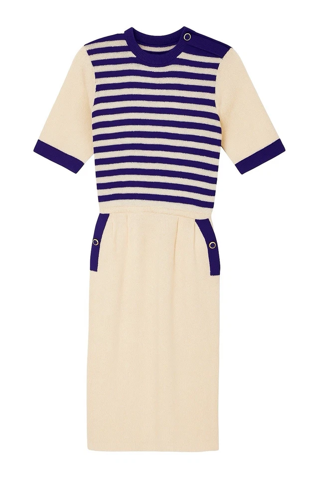 St John by Marie Gray Santana Knit Dress Sz 4purple Beige Striped Short Sleeve - Image 2 of 4