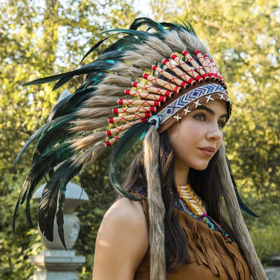 Medium Native American Headdress Medium Feather Headdress and Choker for Men - Image 3 of 4