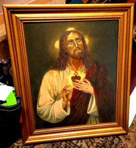 Antique Original Art Work Unknown Artist Sacred Heart of Jesus Christ Painting