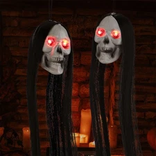 LOT Halloween Glowing Hanging Skull With Long Hair LED Red Eyes Skeleton Decor