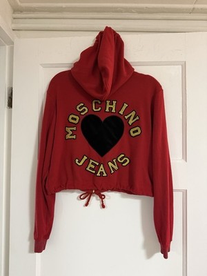 Vintage Moschino Red Hooded Jacket With Black Heart And Gold Lettering Size S