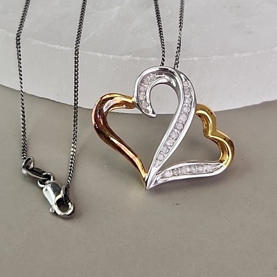Doppel Herz Halskette Sterlingsilber 925 Diamanten vergoldet 20''