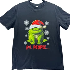 Grinch Style Cat Christmas T-Shirt Men's M "Ew People" Funny Holiday Graphic