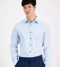 ALFANI Men's Nick Geo-Print Slim Fit Dress Shirt, White Blue 17-17.5 in, 36-37 