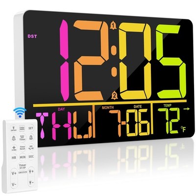 13'' Large Digital Wall Clock with Remote, RGB Color Changing, 25 Ringtones, 0...