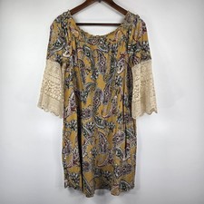 Cato Yellow Paisley Dress Lace Crochet Sleeves Size Large