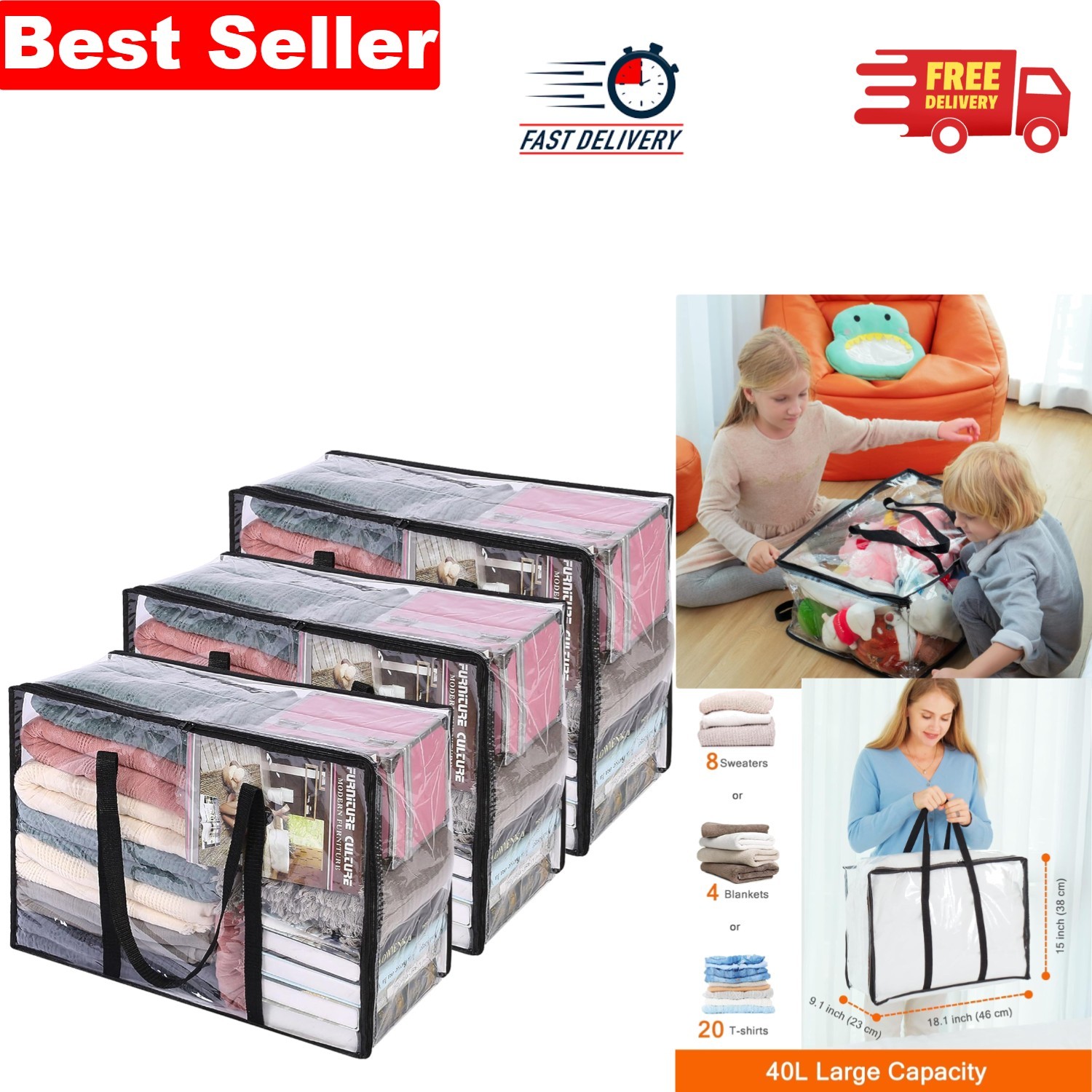 Durable 40L Clear Storage Bag Set - Zippered Organizers with Reinforced Handles