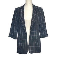 Calvin Klein Black Windowpane Roll Tab Sleeve Open Front Blazer Women's 12