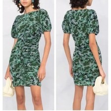 GANNI Floral Ruched Mesh Mini Dress Green Black Short Sleeve Size 40 US 8/10