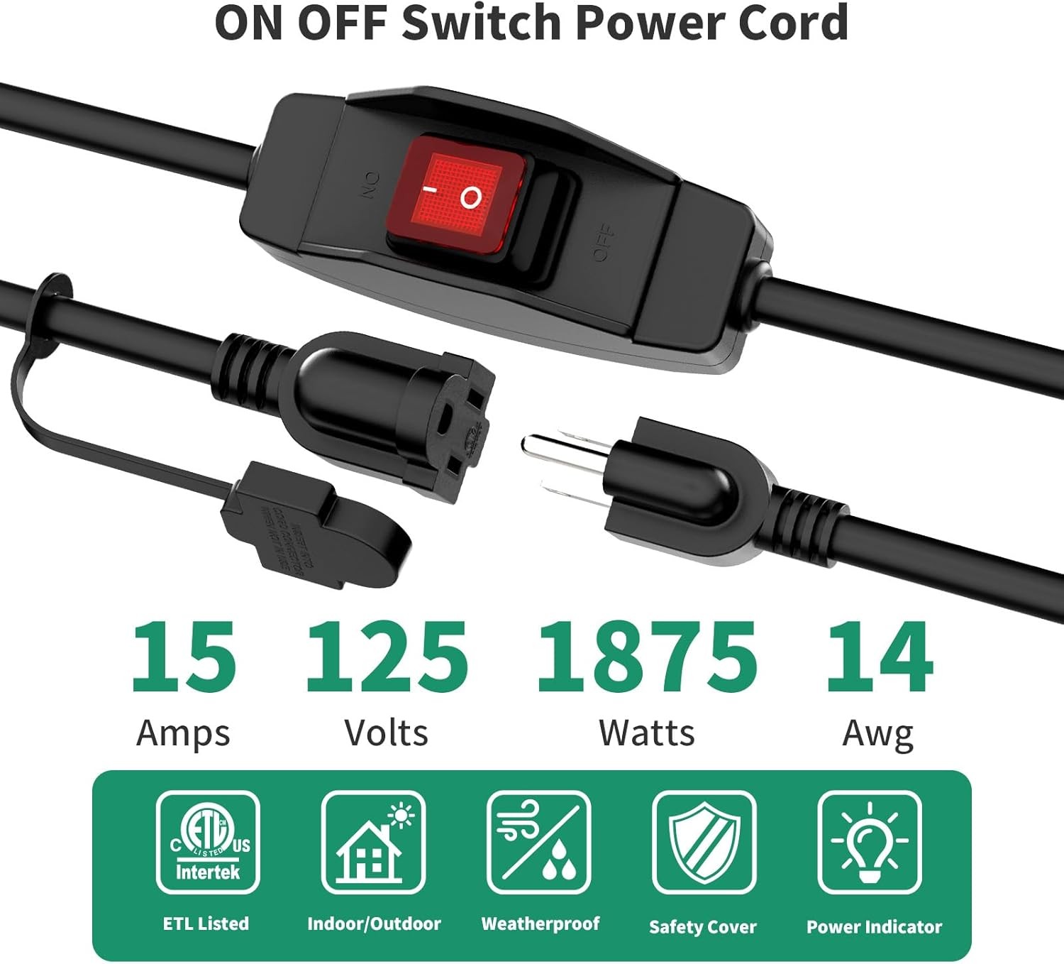 KASONIC 3 Prong Extension Cord with Switch, 1875W 15A Grounded 6 FT, Black 