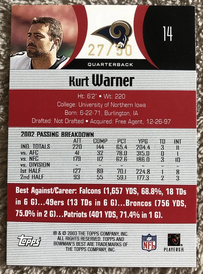KURT WARNER 2003 Bowman's Bowmans Best Red Parallel /50 #14 Rams READ - Image 2 of 4