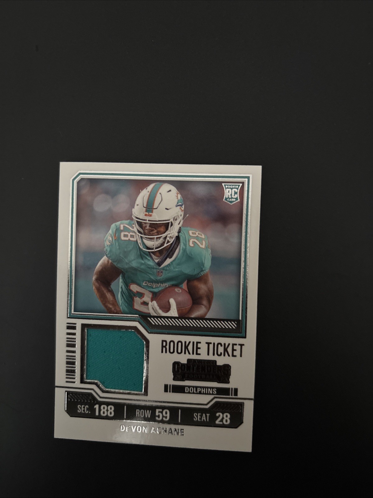 2023 Panini Contenders - Rookie Ticket Swatches De'Von Achane #TS9 (MEM, RC)