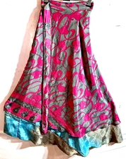 Incredible-art Vintage Silk Sari Magic Wrap Skirt Reversible Double Layer skirt,