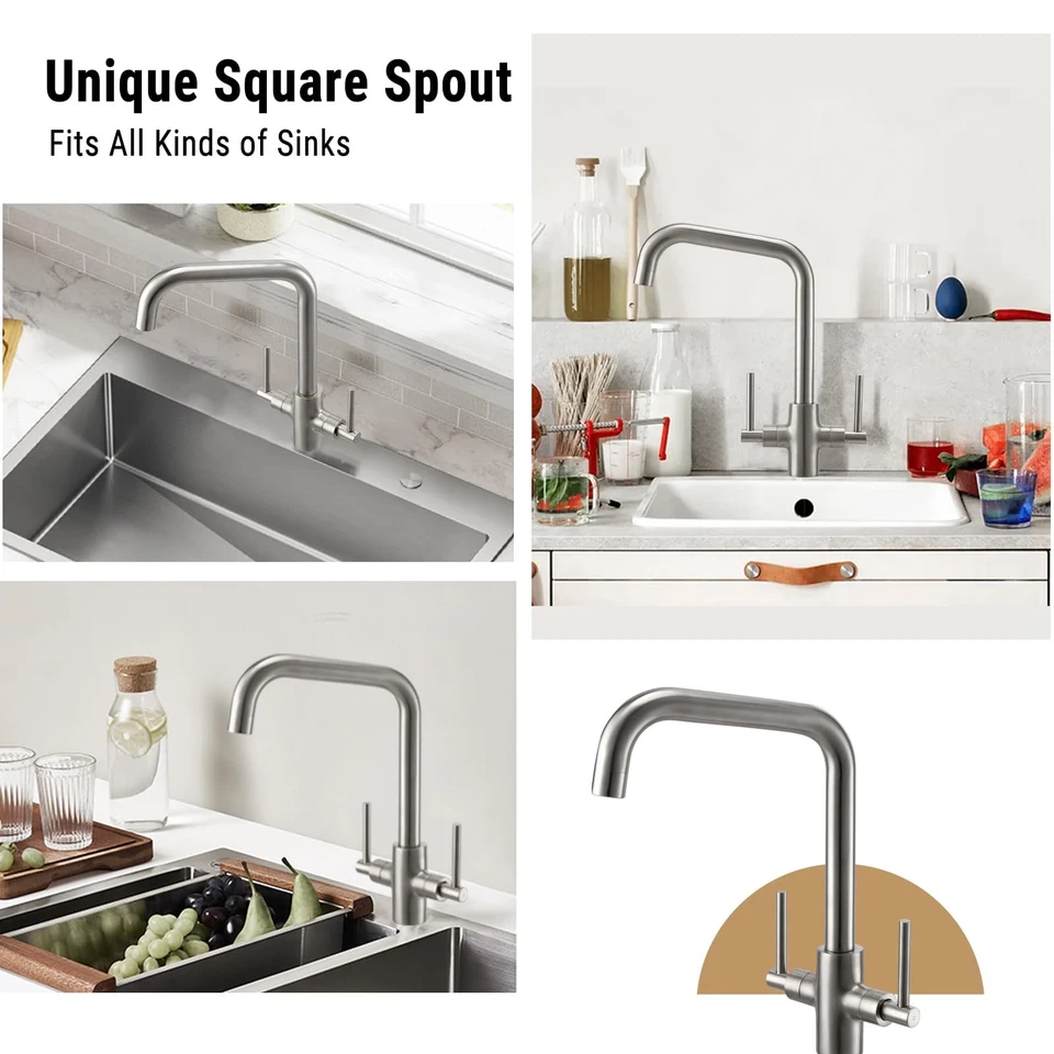 Brushed Steel Kitchen Tap Peppermint Dual Lever Kitchen Mixer Taps 1 Hole - Image 4 of 4