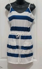 Blue White Striped Sundress Sleeveless V-Neck Drawstring Waist Pockets Size T