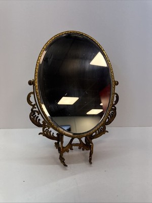 Vintage Antique Solid Brass Beveled Glass Oval Swivel Tabletop Vanity Mirror