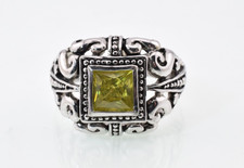 Scroll Ring with Yellow-Green Stone in Sterling Silver Size 9.5