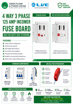 Live Electrical 3 Phase 4 Way 125 Amp Incomer SPD MCB RCBO's Three Phase Metal