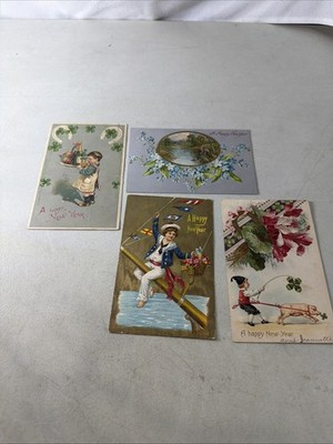 LOT of 4 Vintage Early 1900's HAPPY NEW YEAR!  Postcards Some Embossed