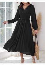 Kormei Women Casual Boho V Neck Long Sleeve Swiss Dot Smocked High Waist Black S