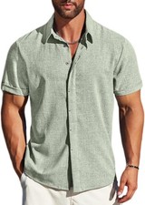 Men Linen Shirt Short Sleeve Button Down Casual Business Dress Summer Beach