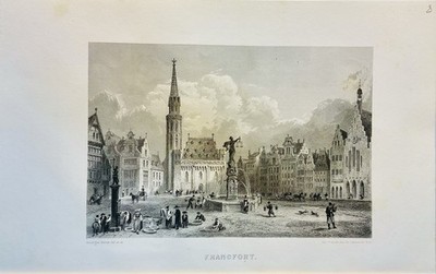 Frankfurt 1858 steel engraving Germany city view marketplace historical