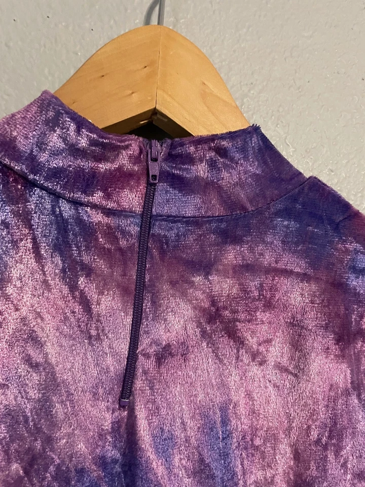 Vintage Aqua Blues Dress Kids 16 Velvet Floral Mock Neck Made in USA Y2K 00s - Image 3 of 4