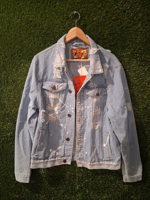 Rolling Paper Distressed Denim Jacket Mens Medium Paint Splatter Light Wash Jean