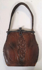 ANTIQUE LEATHER HAND TOOLED PURSE 1910s JEMCO FRAME ART NOUVEAU TURNLOC CLASP