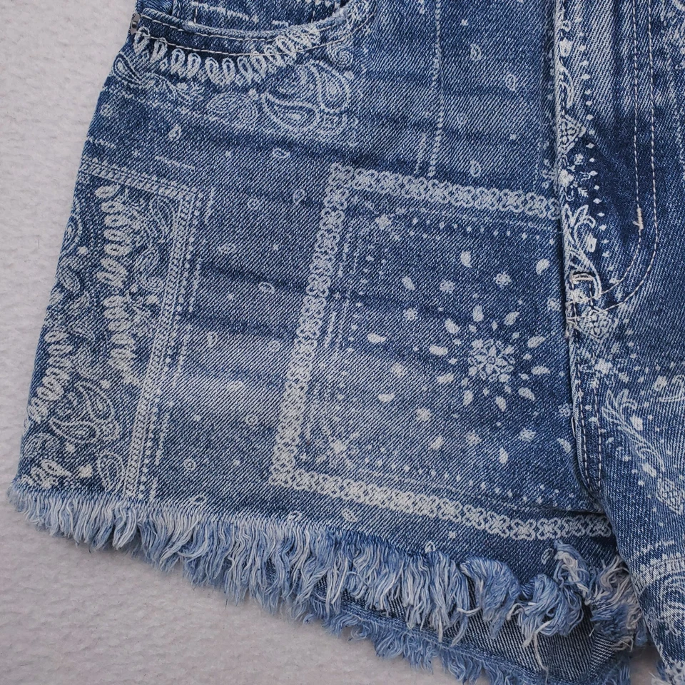 KanCan Shorts Womens 3 Blue Paisley AOP Whitney High Rise Western Cut Off Jean - Image 3 of 4