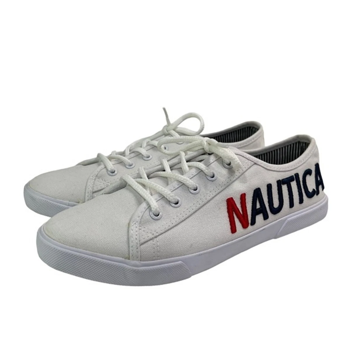 Nautica Essence White Sneakers Womens 8 Lace Up Low Top Spell Out Logo Preppy