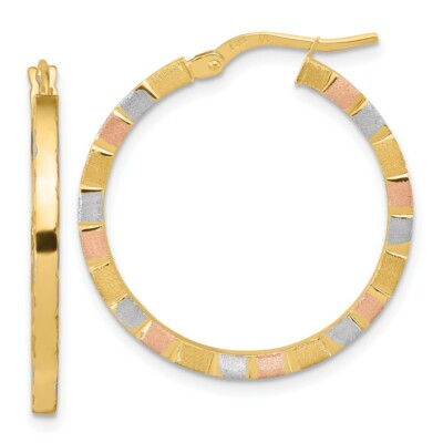 Real 14kt w/White & Rose Rhodium Polished & Satin Hoop Earrings