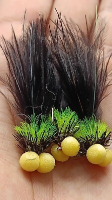 3 X VIVA SCHWARZ und GRÜN BOOBIE mit GELBEN AUGEN Fliegen Größe 10 gebunden in Großbritannien.