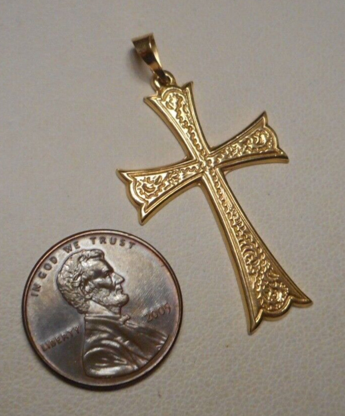 14K Yellow Gold Embossed Cross Pendant w Flared E… - image 2