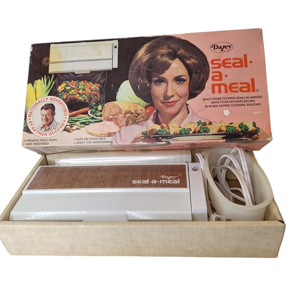 A working 1960s Dazey Seal-A-Meal — a pre-plastic-bag food sealer that looks like a prop from a retro sci-fi kitchen and actually still functions.