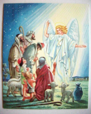 40's 50's Angel proclaim Savior born emboss vintage Christmas greeting card *A3