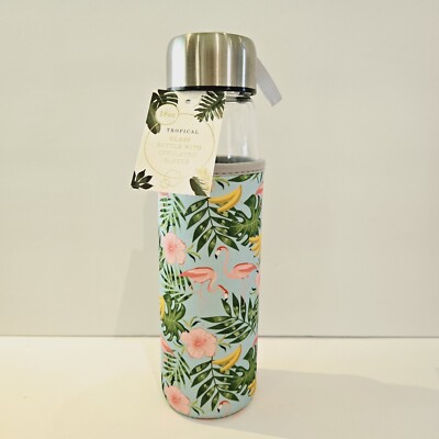 Paradise Tropical Flamingo Bananas 18 Oz Glass Bottle With Insulated Sleeve 