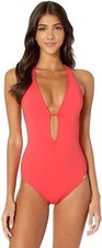 JETS SWIMWEAR AUSTRALIA Womens 189179 Plunge One-Piece Flamingo Swimsuit Size 10