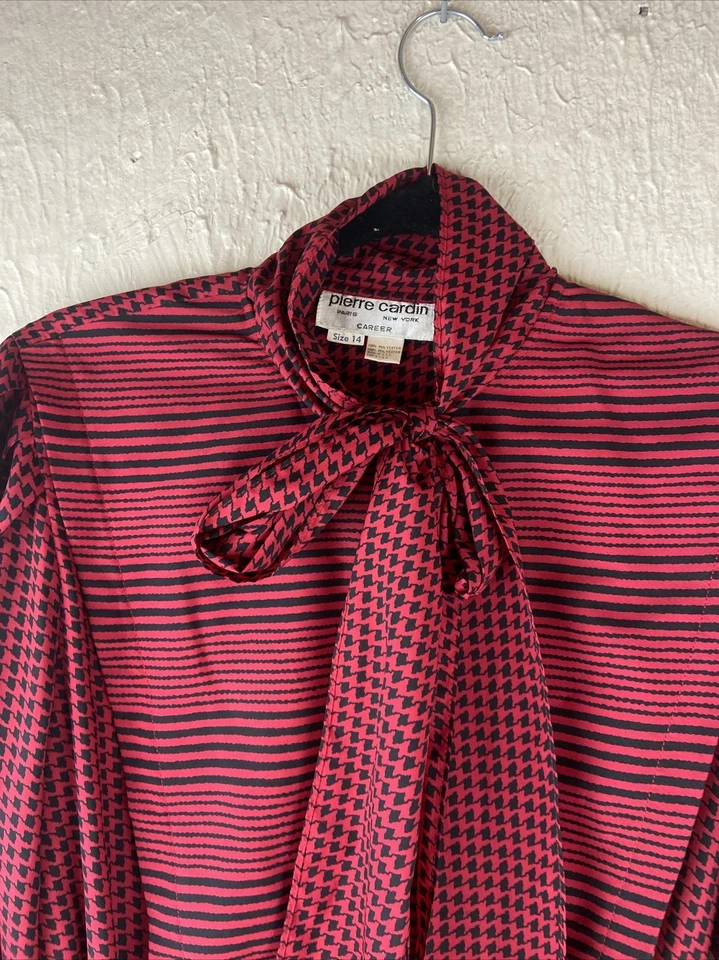 Vestido Pierre Cardin Vintage Carrera Manga Larga Rojo Negro Pata de Gallo Talla 14 Foto 3 de 4
