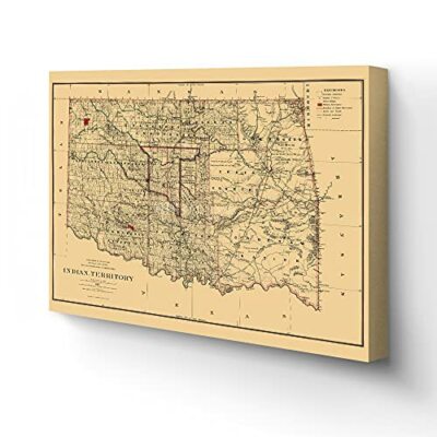1887 Indian Territory Map - Canvas Wrap Vintage Oklahoma Map Wall Art Poster