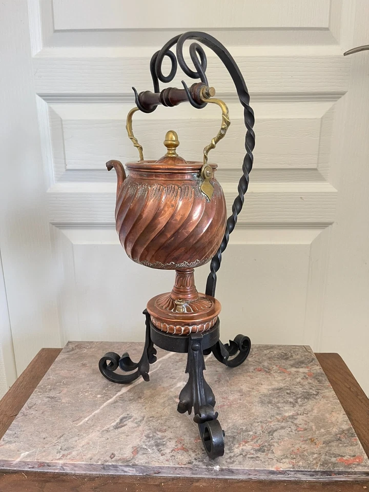 Ancien Samovar Théière Cafetière Cuivre Verseuse Eau Chaude Bouilloire Fer Forgé - Photo 2/4