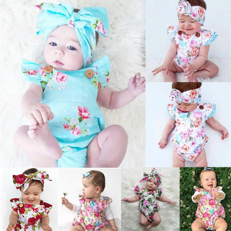 Nouveau-né Bébé Filles Flower Romper Combinaison avec bandeau Summer  Playsuit