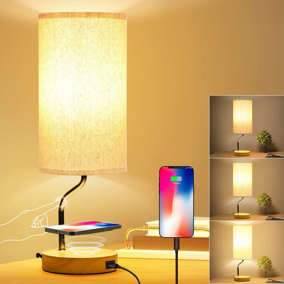 Table Lamp With Wireless Charger USB Port Touch Control For