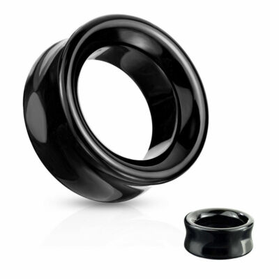 Pair of Double Flare Tunnel Solid Black Stone Obsidian Saddle Ear Plugs E584