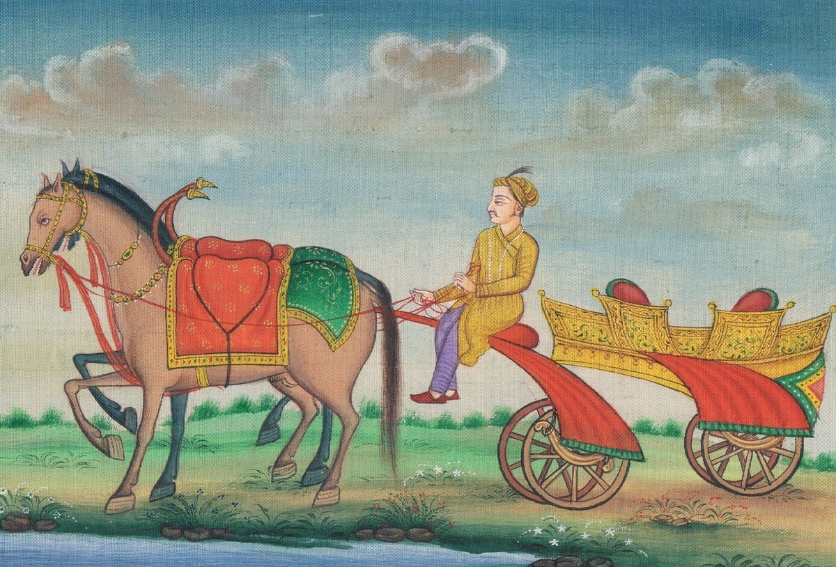 Mughal Miniature Painting of Royal Figure Riding In Horse Drawn