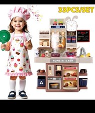 33Pcs Kids Play Kitchen Pretend Kitchen Toy Set Cooking Role Gift+Lights Sounds-