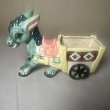 Vintage Pottery Ceramic Donkey Pulling Cart Planter - 6.25"