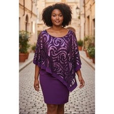 R&M Richards Woman Purple Sequin Poncho Overlay Sheath Dress 14W Plum Formal