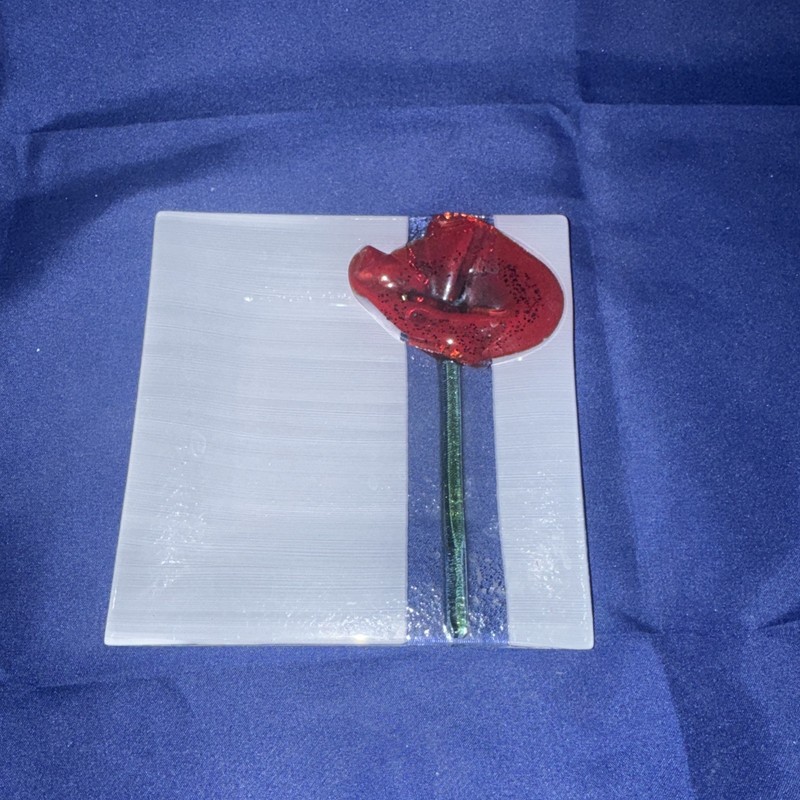 Fused Square Art Glass Trinket Jewelry Dish Red Poppy Flower