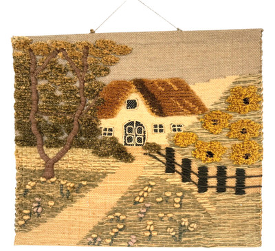 Vintage Textile Wall Hanging Cottage Scene Embroidered Art Wood 3D Tapestry